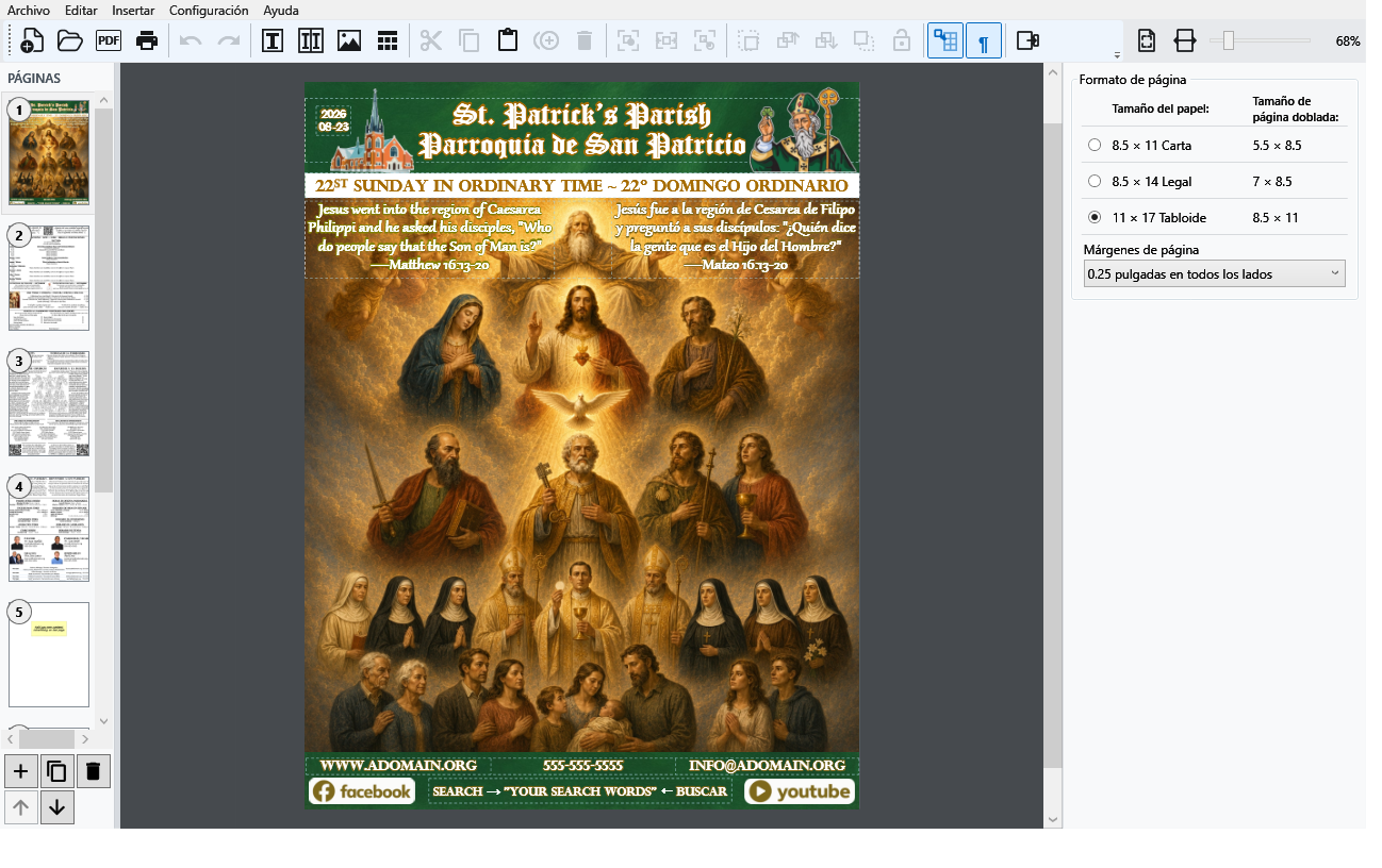 Catholic Publisher en español con el boletín de muestra abierto y el panel Tamaño del papel y Márgenes de página visible.