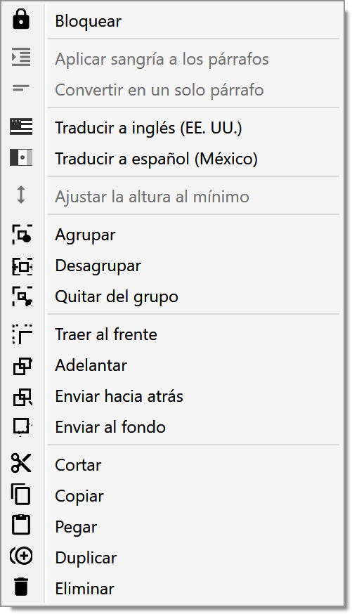Menú contextual actual de un cuadro bilingüe en español.
