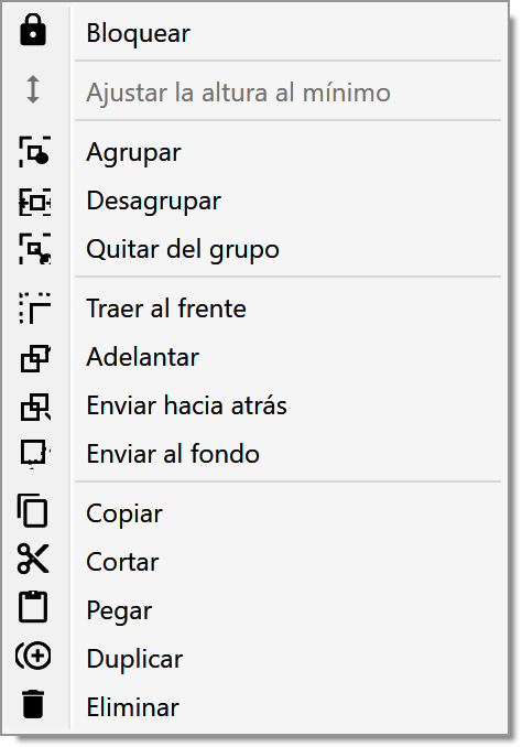 Menú contextual actual de un grupo en español.