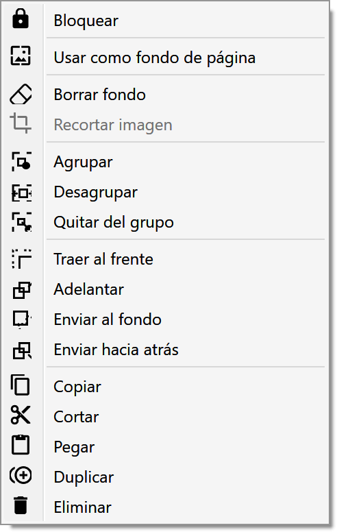 Menú contextual actual de una imagen en español con Usar como fondo de página y Borrar fondo.