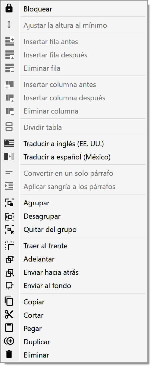 Menú contextual actual de una tabla en español con comandos de ajuste, estructura, traducción, agrupación, capas y portapapeles.