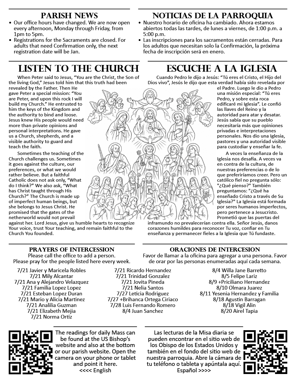 Sample page 3, parish news, bilingual reflection, prayer list, and QR code