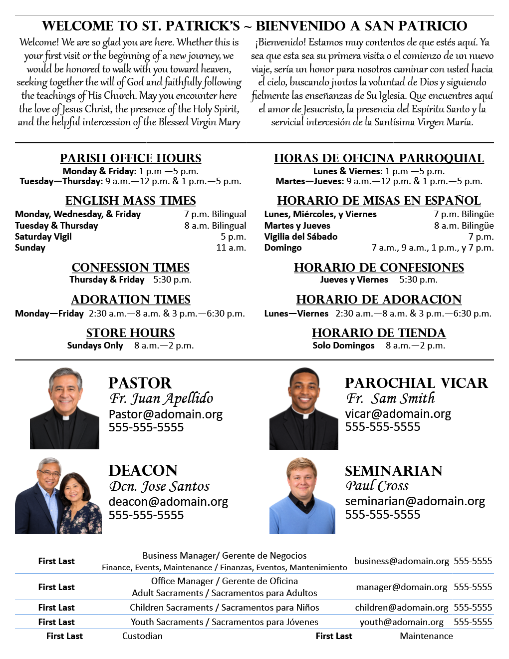 Sample page 4, welcome, schedules, and staff