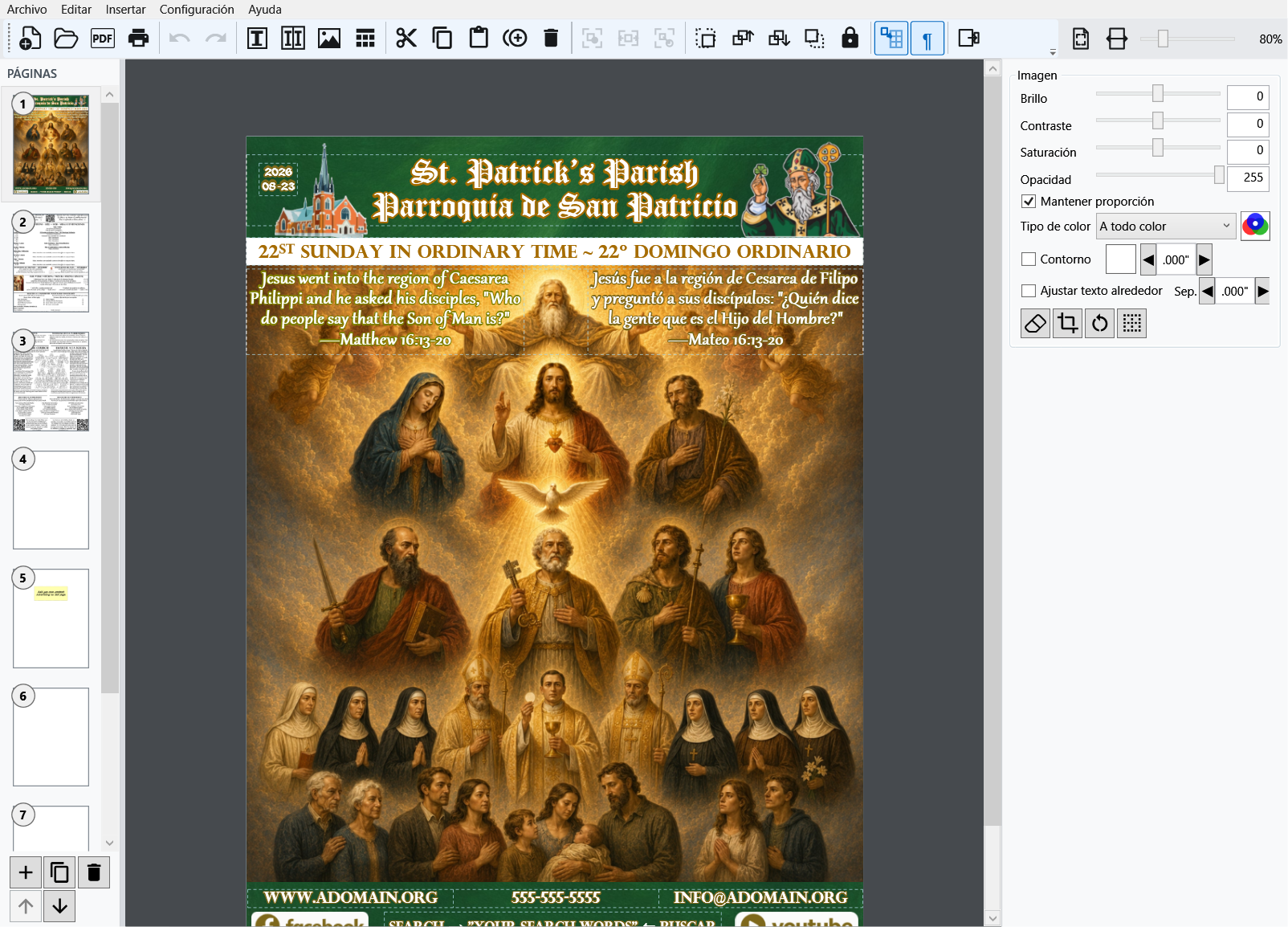 Catholic Publisher — sample cover, Pages panel, toolbar, and image settings