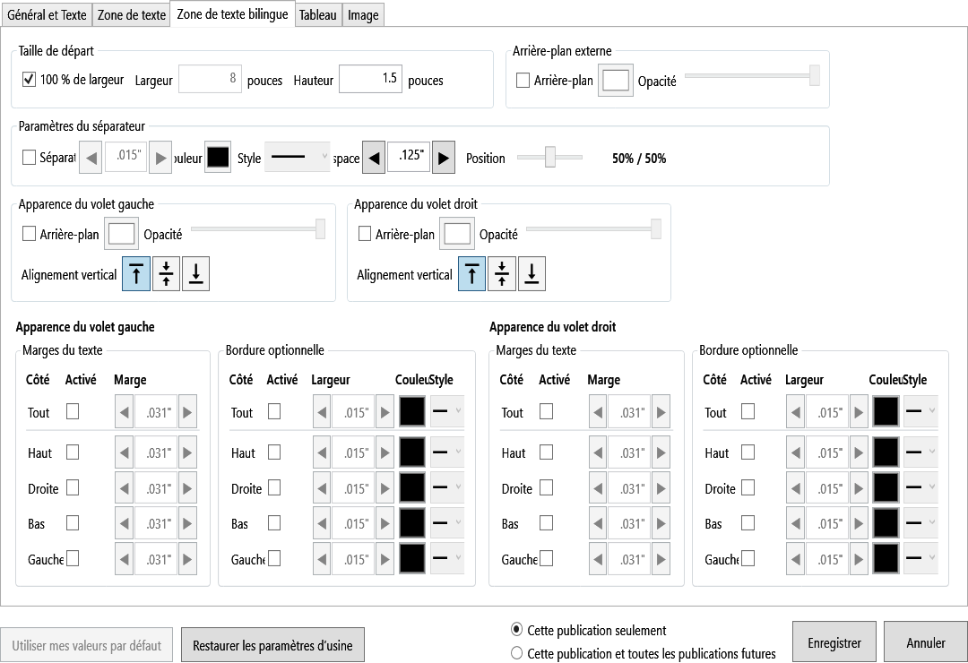 Default Settings Bilingual Text Box tab with size, pane backgrounds, divider, margins, and border controls.