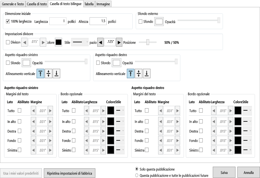 Default Settings Bilingual Text Box tab with size, pane backgrounds, divider, margins, and border controls.