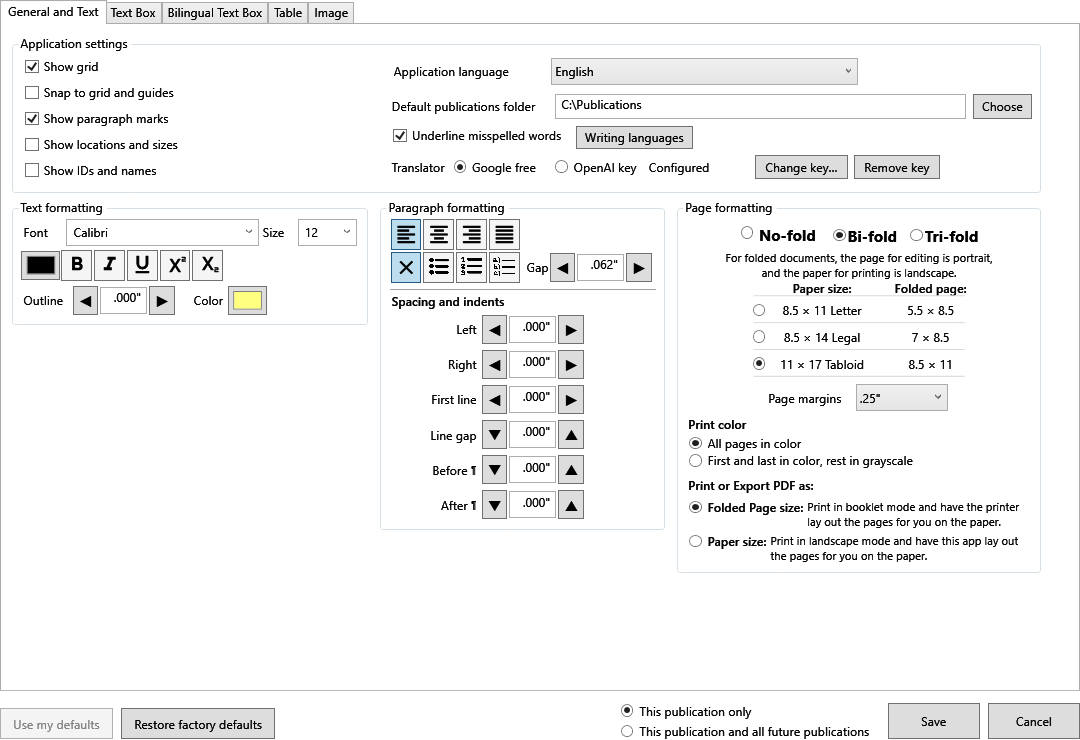 Current Default Settings General and Text tab showing application, language, text, paragraph, Paper size, and Page margins controls.