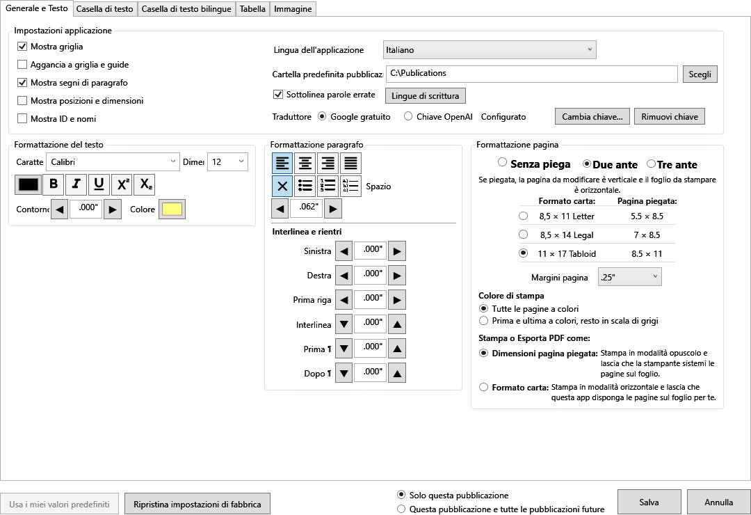 Current Default Settings General and Text tab showing application, language, text, paragraph, Paper size, and Page margins controls.