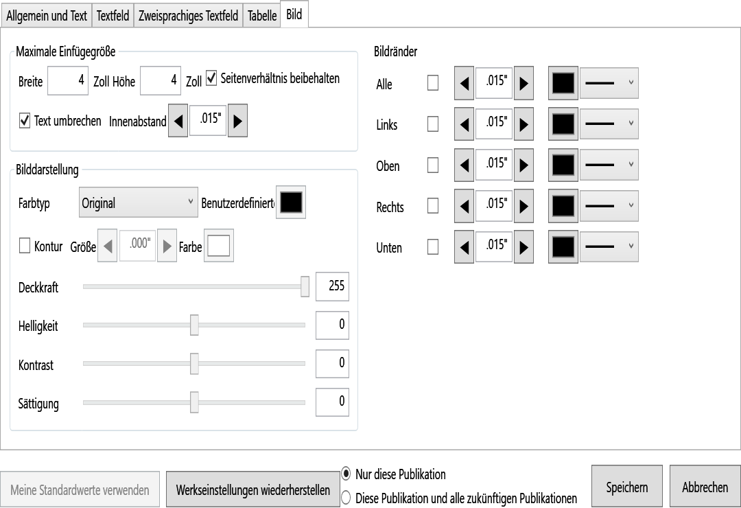 Default Settings Image tab with maximum insertion size, outline, maintain aspect ratio, color, wrapping, padding, and border controls.