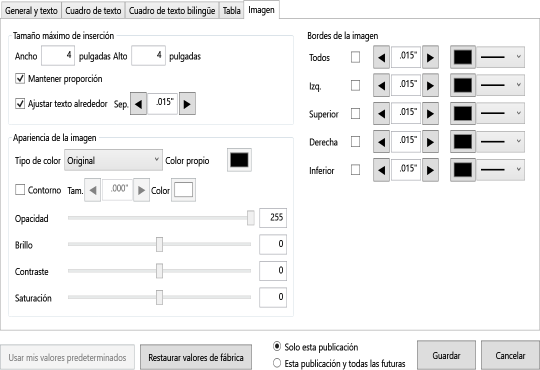 Valores predeterminados de imagen en español.