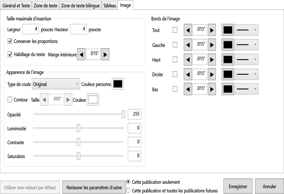 Default Settings Image tab with maximum insertion size, outline, maintain aspect ratio, color, wrapping, padding, and border controls.