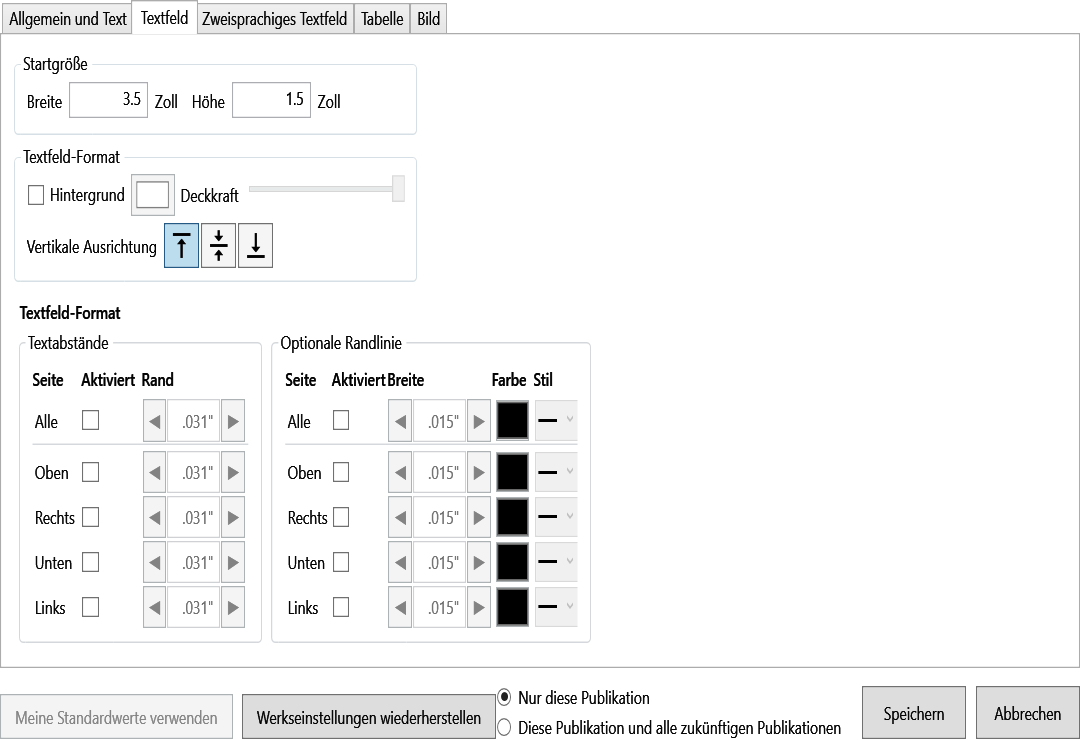Default Settings Text Box tab with width, height, background, opacity, text margins, and optional border controls.