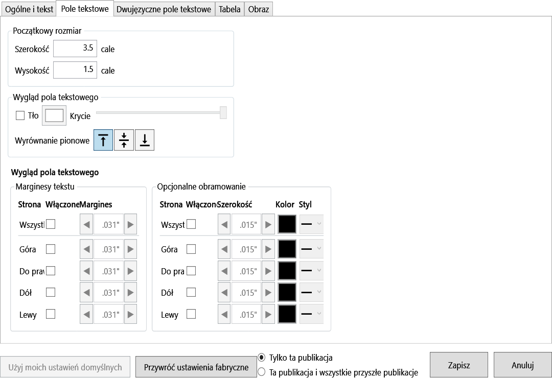 Default Settings Text Box tab with width, height, background, opacity, text margins, and optional border controls.